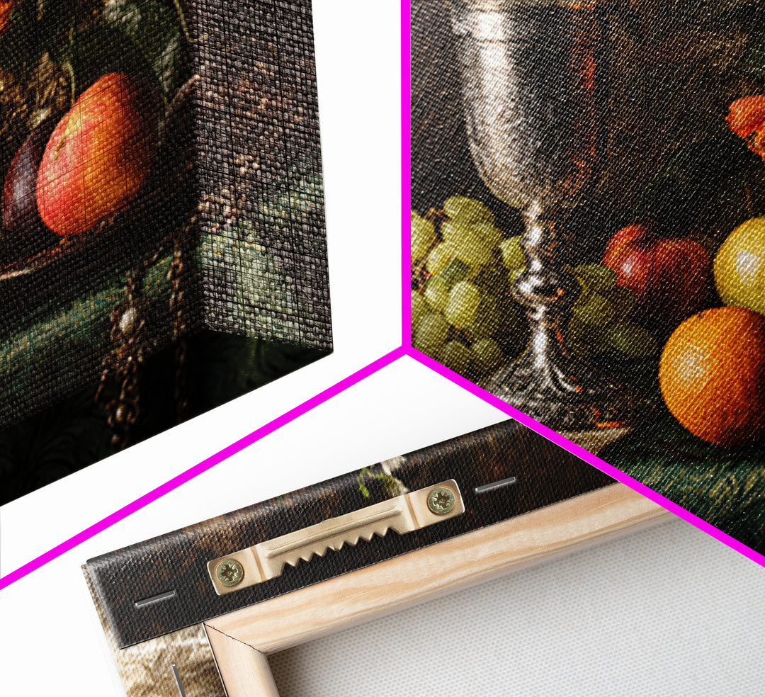 Dutch Fruit and Silver Goblet Still Life Framed Canvas Print, Traditional Art, Living Room Decor, Watercolor Art, Classic, TRA-3x2-80