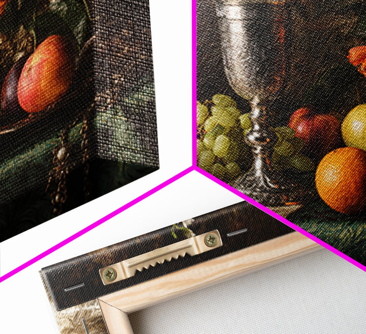 Dutch Fruit and Silver Goblet Still Life Framed Canvas Print, Traditional Art, Living Room Decor, Watercolor Art, Classic, TRA-3x2-80