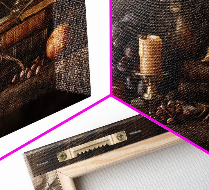 Still Life of Books Candle and Fruit Framed Canvas Print, Traditional Art, Painting, Living Room Decor, Fine Art, Classic, TRA-3x2-96