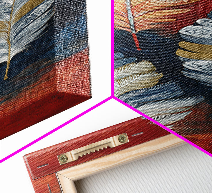 Feather Arrangement with Red Ochre Background Canvas Print, Tribal Art, Neutral Decor, Living Room Decor, Oil Painting, Tribal, TRI-1x3-55