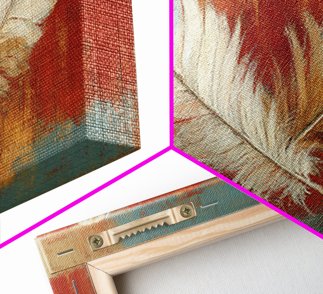 Feather Arrangement with Red Ochre Background Framed Canvas Print, Tribal Art, Living Room Decor, Watercolor Art, Tribal, TRI-2x1-15