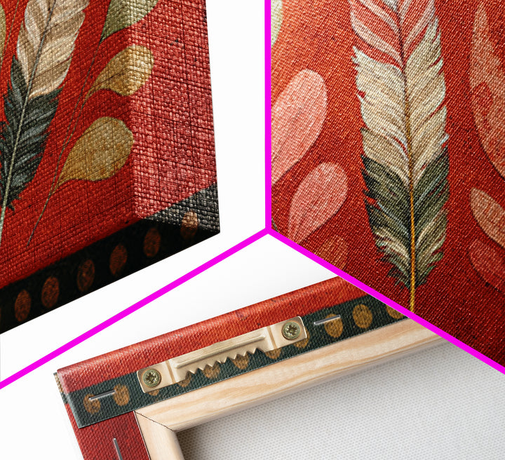 Feather Arrangement with Red Ochre Background Canvas Print, Tribal Art, Black and White Art, Living Room Decor, Tribal, TRI-2x1-63