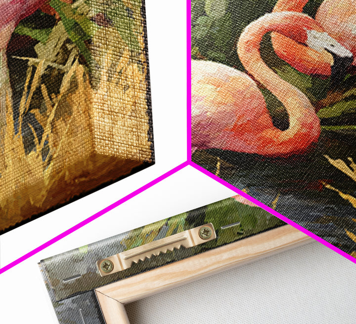 Pink Flamingos Among Tropical Water Plants Framed Canvas Print, Tropical Art, Beach Wall Art, Living Room Decor, Tropic, TRO-1x1-2