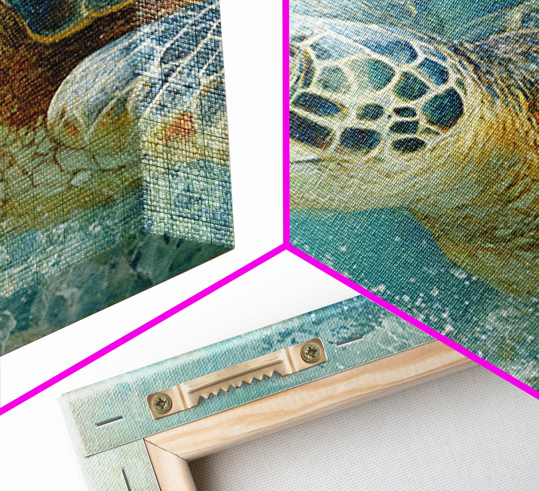Sea Turtle Near Tropical Reef Framed Canvas Print, Tropical Art, Beach Decor, Living Room Decor, Oil Painting, Tropic, TRO-1x1-43