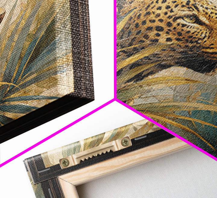 Leopard Hidden Among Palm Leaves Framed Canvas Print, Tropical Art, Gallery Decor, Living Room Decor, Fine Art, Tropic, TRO-1x1-62
