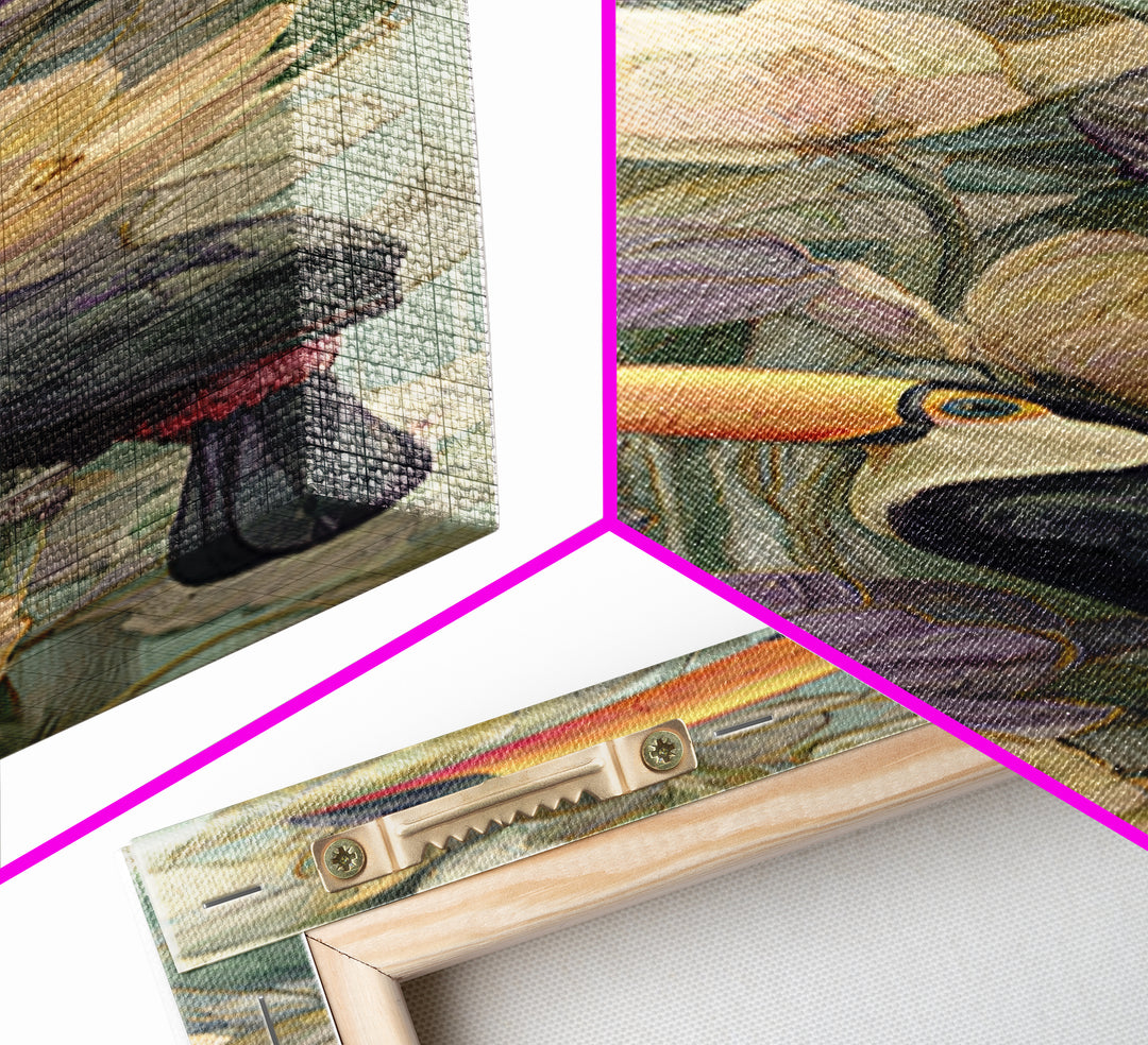 Toucans Surrounded by Bright Jungle Flowers Framed Canvas Print, Tropical Art, Printable Art, Living Room Decor, Tropic, TRO-1x3-15