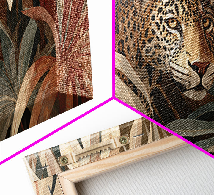 Leopard Hidden Among Palm Leaves Framed Canvas Print, Tropical Art, Contemporary Art, Living Room Decor, Fine Art, Tropic, TRO-2x1-10