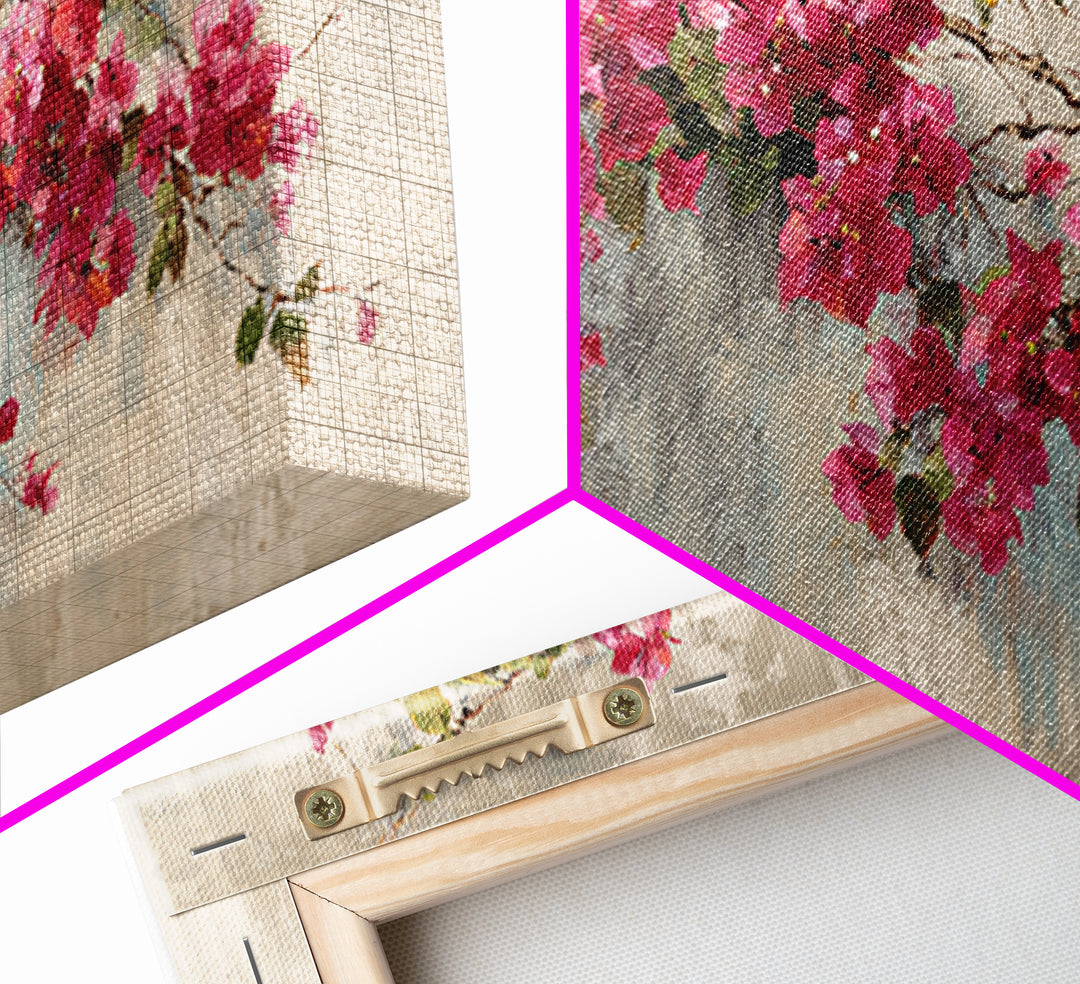 Pink Bougainvillea over White Wall Framed Canvas Print, Tropical Art, Room Decor, Living Room Decor, Fine Art, Tropic, TRO-2x1-12