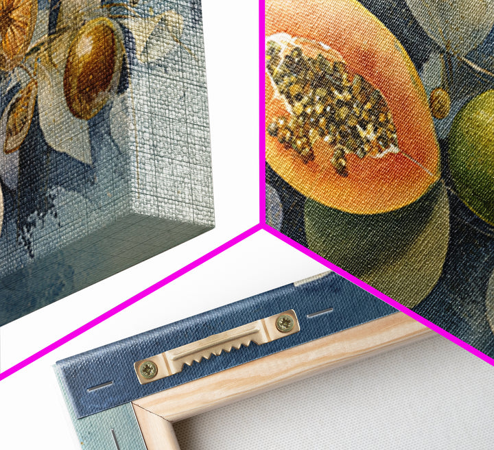 Bright Papaya and Lime Still Life Framed Canvas Print, Tropical Art, Statement Artwork, Living Room Decor, Fine Art, Tropic, TRO-2x1-20