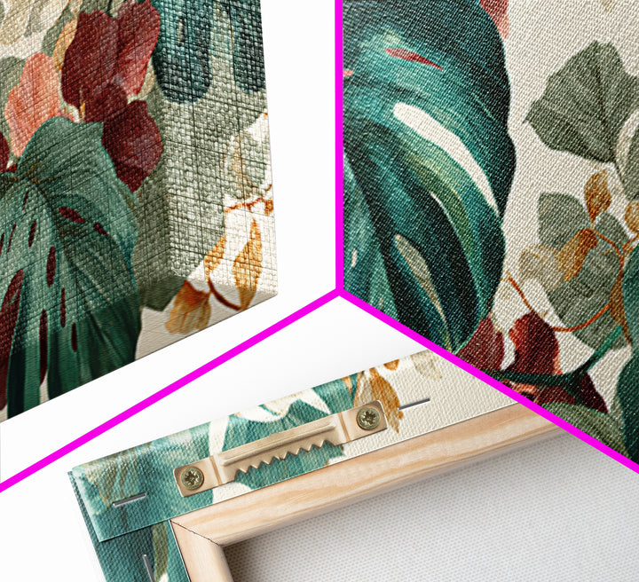 Lush Monstera Leaves Framed Canvas Print, Tropical Art, Pink Wall Art, Living Room Decor, Fine Art, Tropic, Coastal Art, TRO-2x1-45