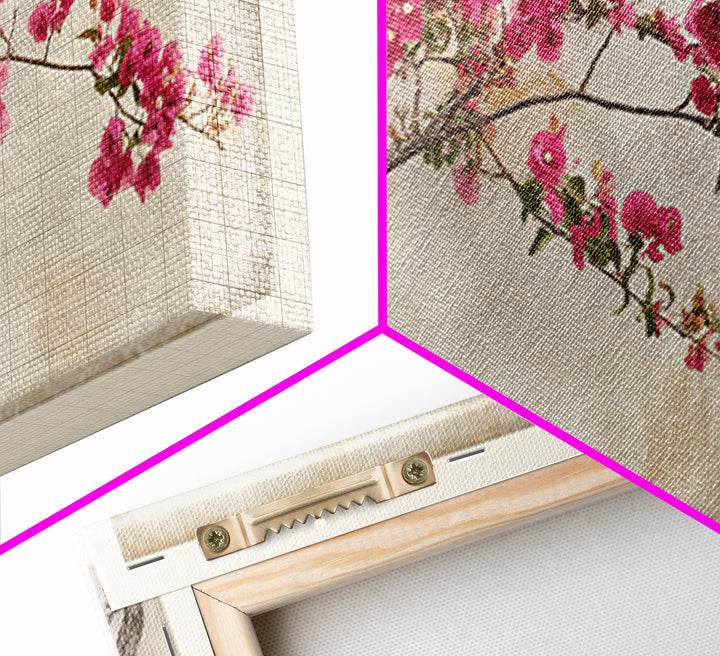 Pink Bougainvillea over White Wall Framed Canvas Print, Tropical Art, Abstract Painting, Living Room Decor, Fine Art, Tropic, TRO-2x1-84