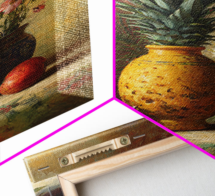 Pineapple and Palm Still Life Canvas Print, Tropical Art, Wall Art, Living Room Decor, Oil Painting, Tropic, Pink Wall Art, TRO-2x3-14