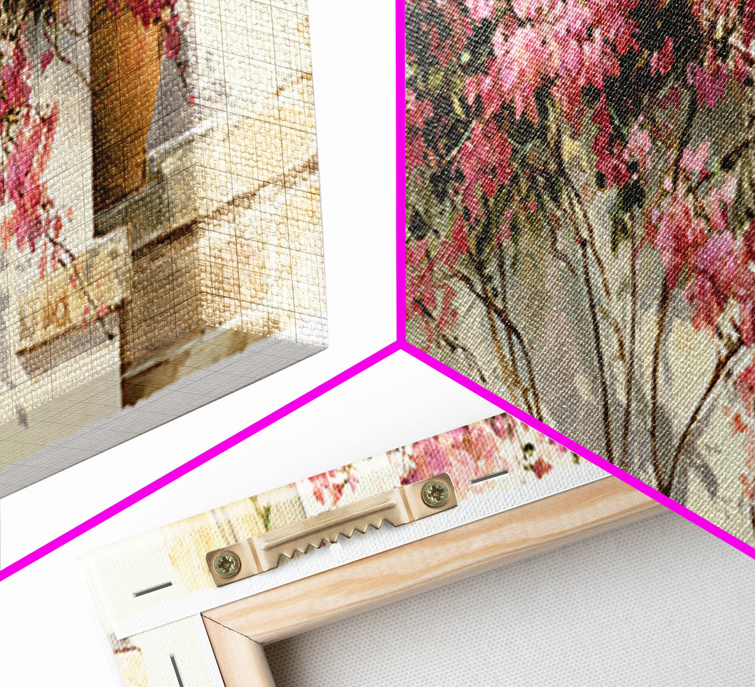 Pink Bougainvillea over White Wall Framed Canvas Print, Tropical Art, Beach Prints, Living Room Decor, Watercolor Art, Tropic, TRO-3x1-32