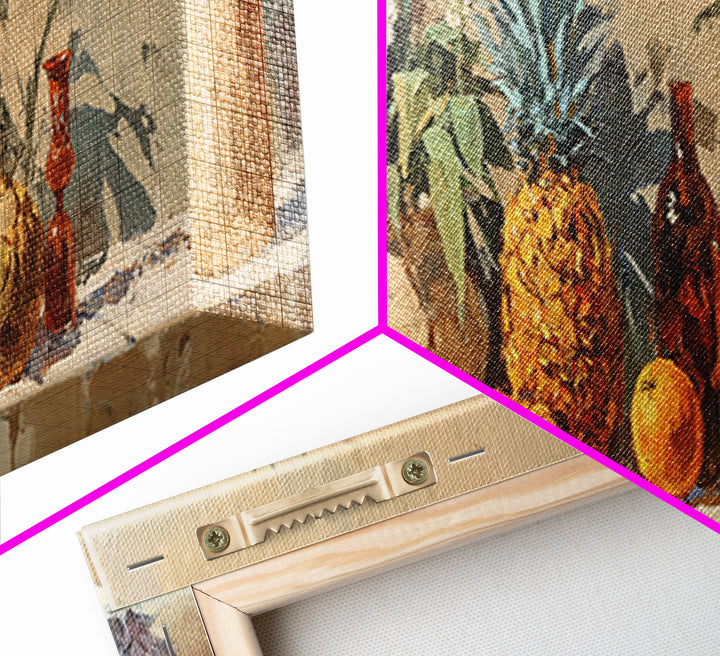 Pineapple and Palm Still Life Canvas Print, Tropical Art, Wall Art, Living Room Decor, Oil Painting, Tropic, Pink Wall Art, TRO-3x1-70