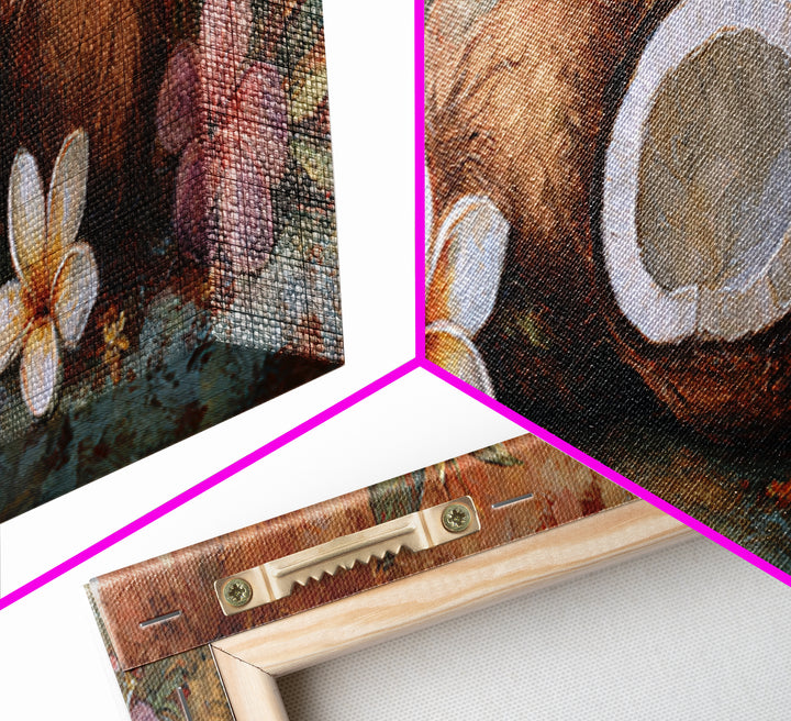 Coconut and Plumeria Still Life Canvas Print, Tropical Art, Decor, Living Room Decor, Tropic 276, Bird Art, Set of Prints, TRO-3x1-76