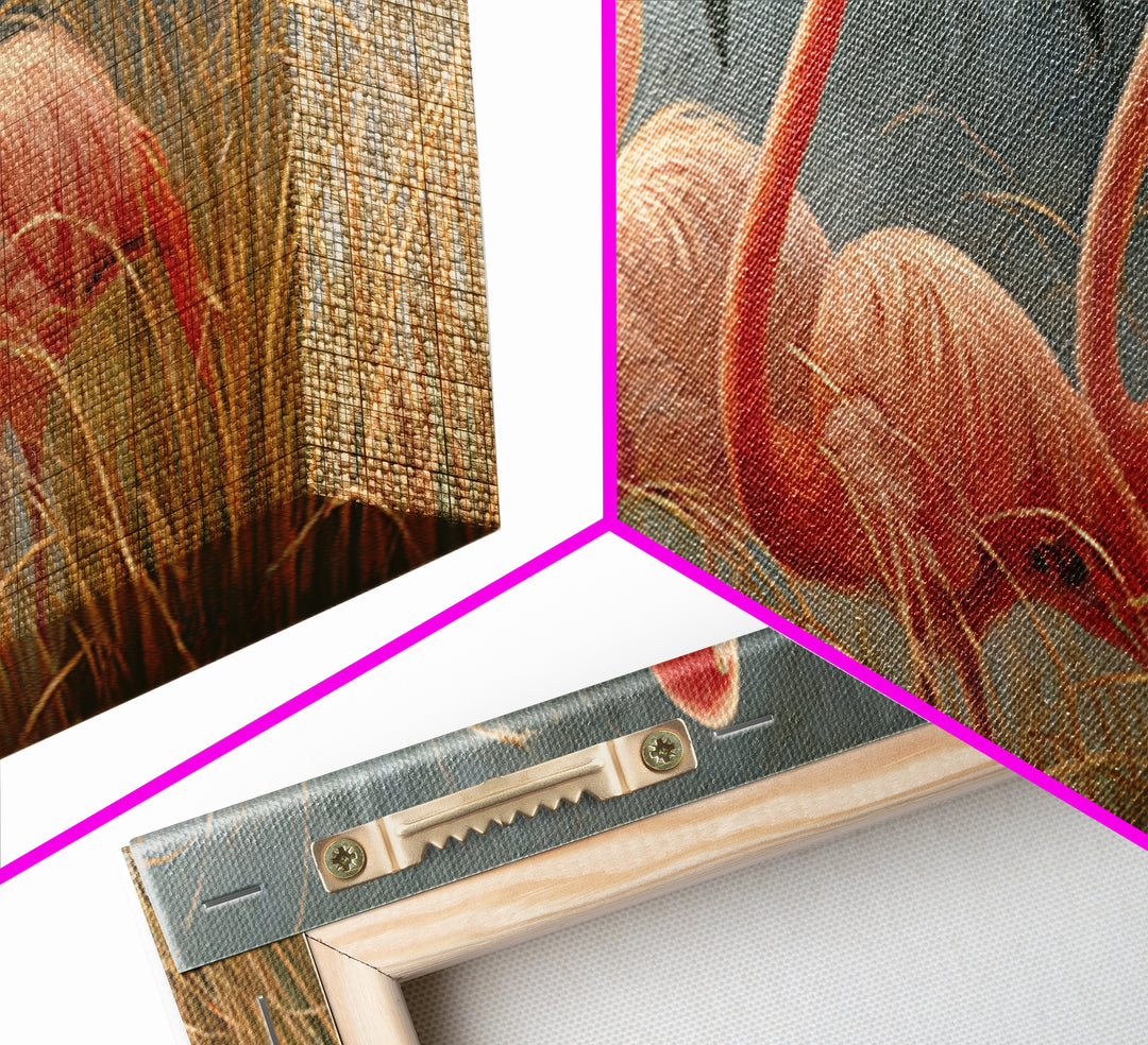 Pink Flamingos Among Tropical Water Plants Framed Canvas Print, Tropical Art, Coastal Art, Living Room Decor, Fine Art, Tropic, TRO-3x1-90