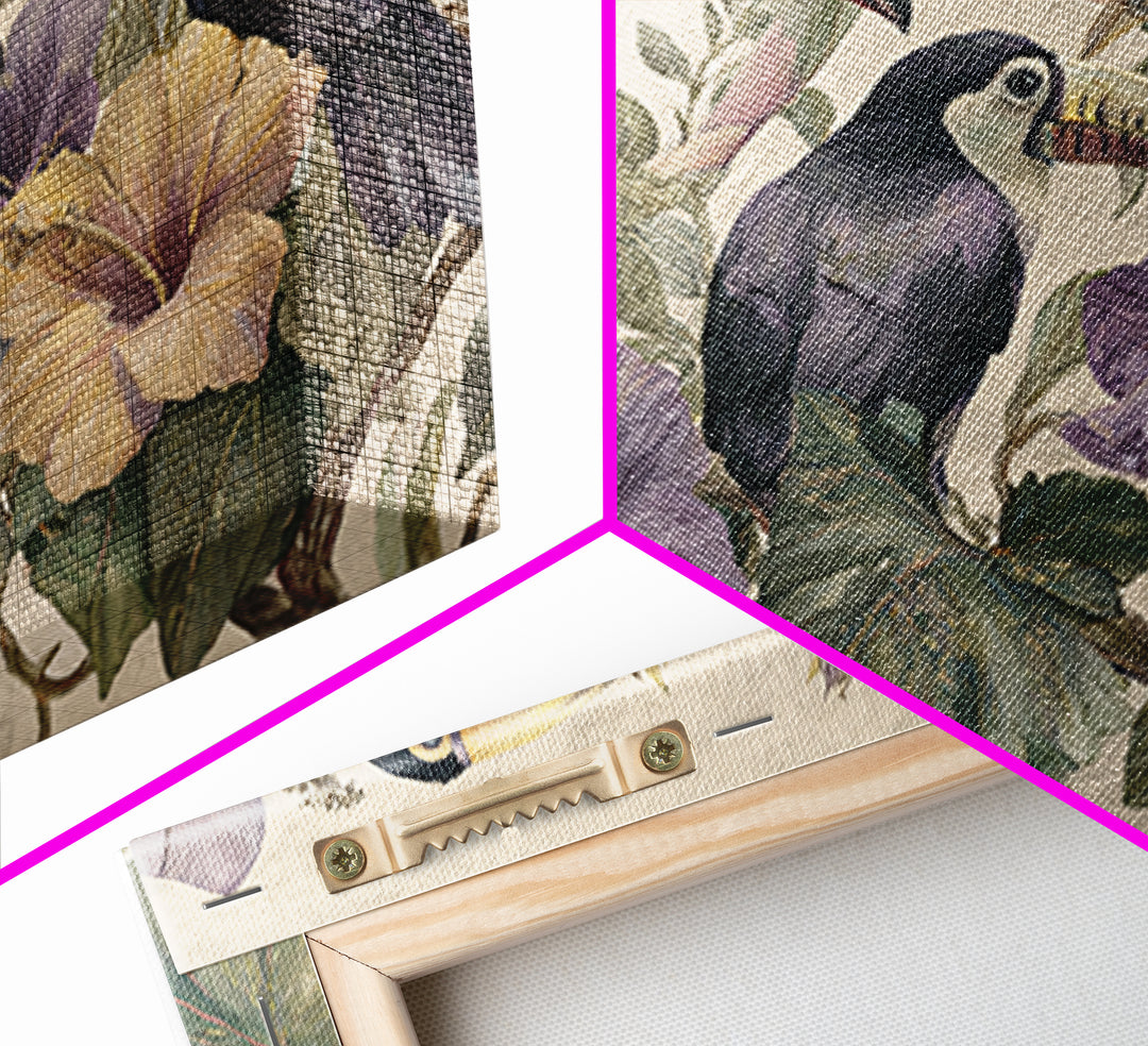 Toucans Surrounded by Bright Jungle Flowers Framed Canvas Print, Tropical Art, Statement Artwork, Living Room Decor, Tropic, TRO-3x2-31