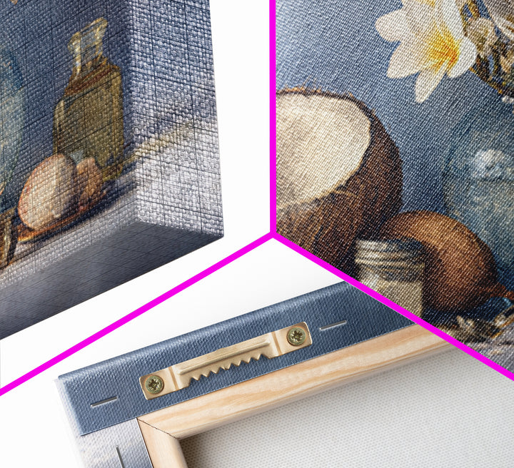 Coconut and Plumeria Still Life Framed Canvas Print, Tropical Art, Botanical Art, Living Room Decor, Oil Painting, Tropic, TRO-3x2-40