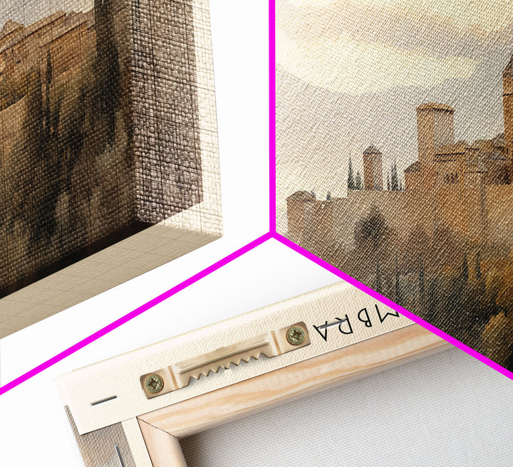 Alhambra Travel Art Framed Canvas Print, Spain Wall Decor, Home Decor, Travel Poster, Vintage Wall Art, Watercolor Painting