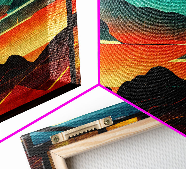 Pueblo style art deco sunset canvas print, outrun, colorful art, desert art, living room wall art, man cave art, stained glass look