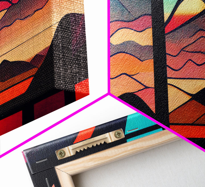 Pueblo style art deco sunset canvas print, outrun, colorful art, desert art, living room wall art, stained glass look, Arizona style art
