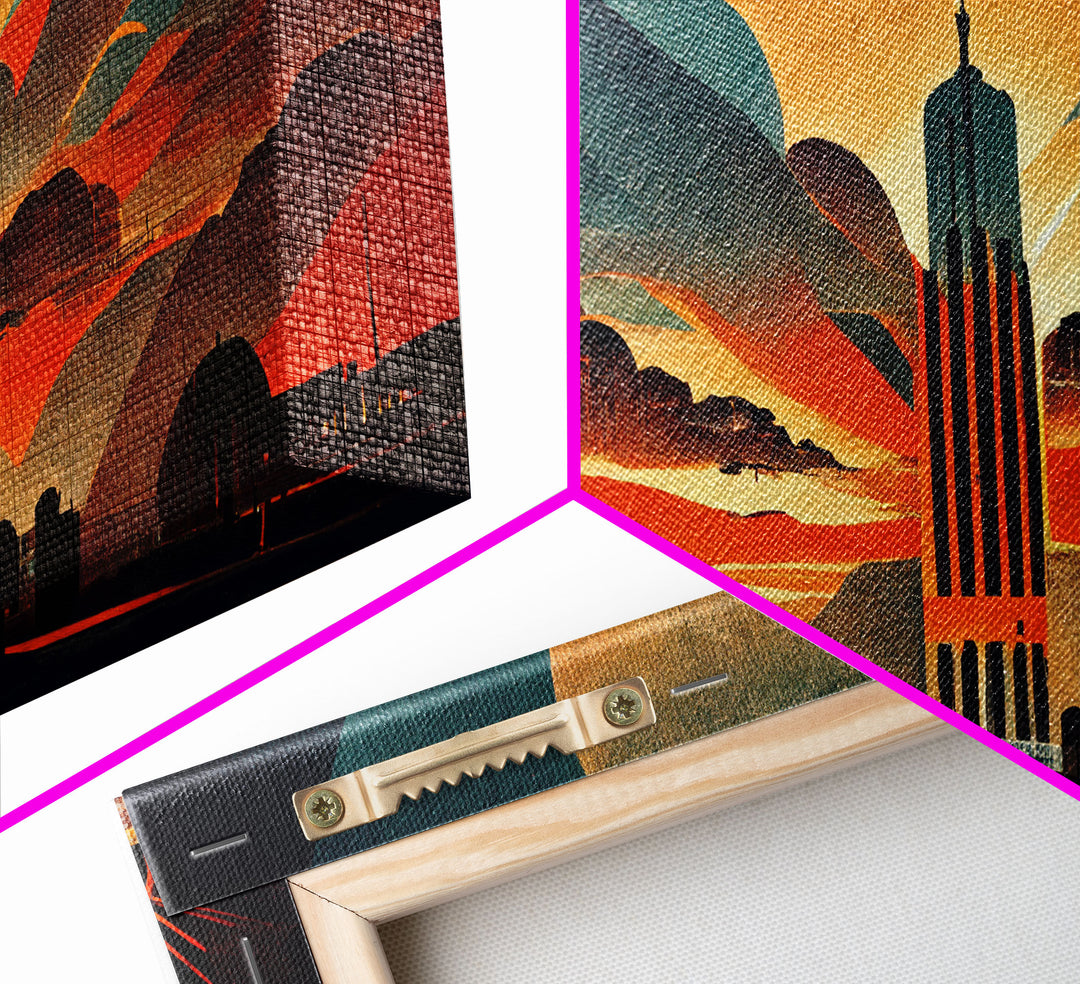 Dystopian metropolis canvas print, ready to hang wall art, art deco sunset, 1930s architecture, living room art, art nouveau
