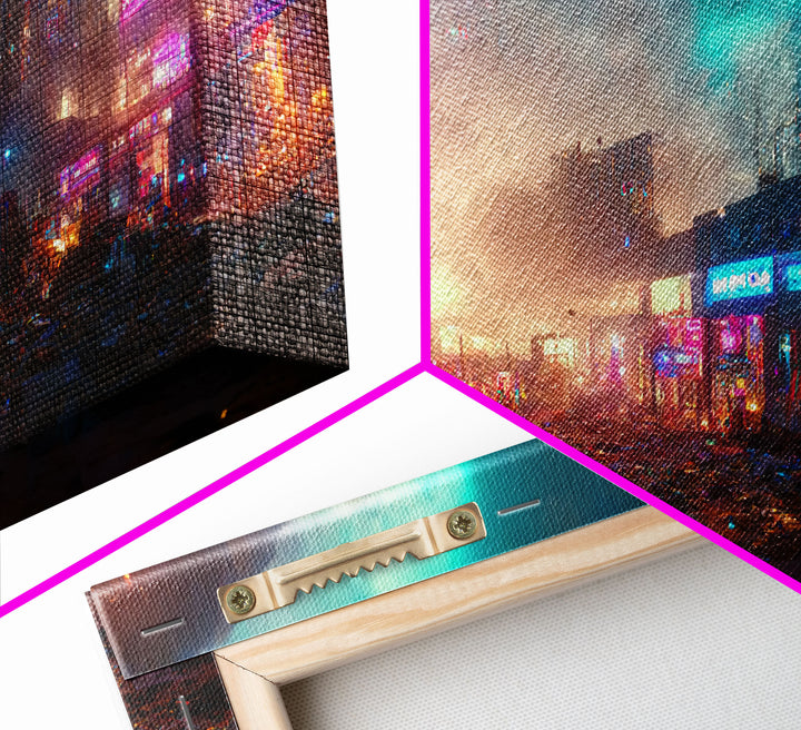 Destitute cyberpunk city with neon signs wall art, Bladerunner vibes art, synthwave style art, cool wall art