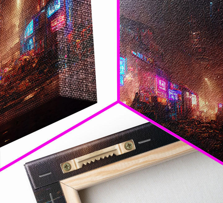 Destitute cyberpunk city with neon signs wall art, Bladerunner vibes art, synthwave style art, cool wall art
