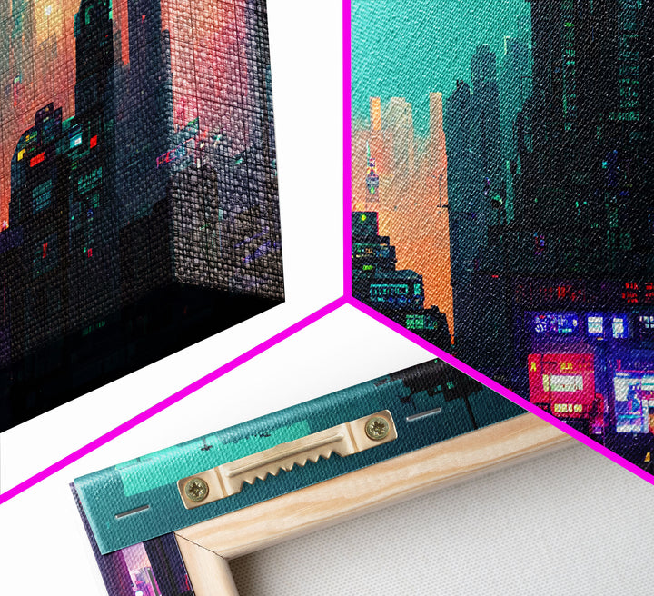 cyberpunk city pixel art canvas print, wall art, Bladerunner vibes art, synthwave style art, cool wall art