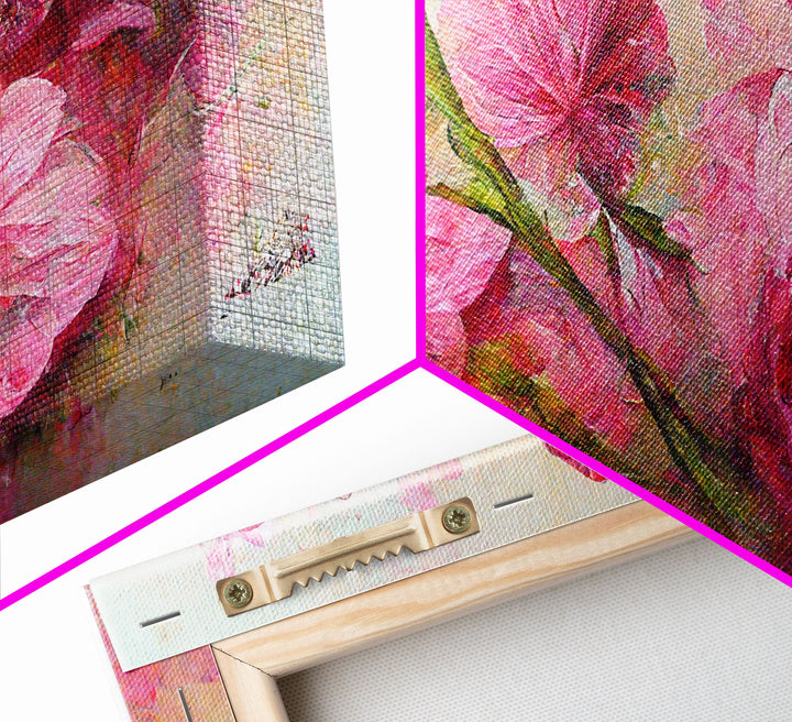Pink flowers canvas print, oil painting style, living room wall art, guest room art, boho wall decor, floral pattern wall art