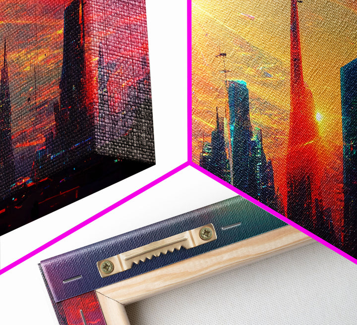 Dystopian Cyberpunk canvas print, cyber punk city at sunset, Bladerunner vibes art, synthwave style art, cool wall art, night city