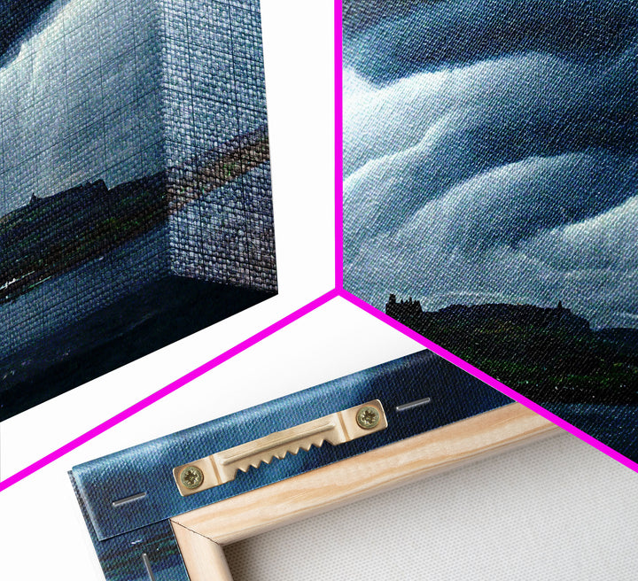 Rainstorm wall art, canvas print, ready to hang, fast moving storm over an island castle, cool wall art