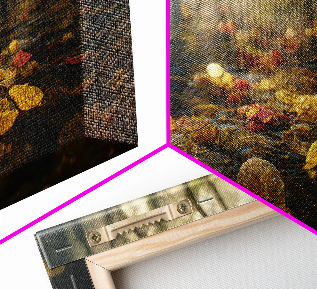 Fall leaves floating down the river, autumn, landscape and nature canvas print, oil painting style, neutral wall art