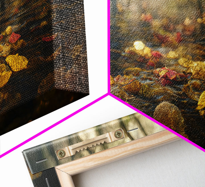 Fall leaves floating down the river, autumn, landscape and nature canvas print, oil painting style, neutral wall art