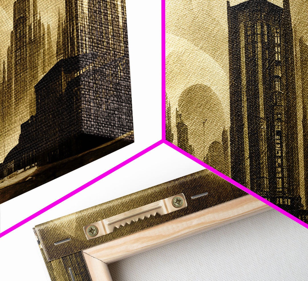 Dystopian Metropolis Art Deco Canvas Print, City Skyline, Fantasy Art, Art Deco Living Room Art, ready to hang wall art