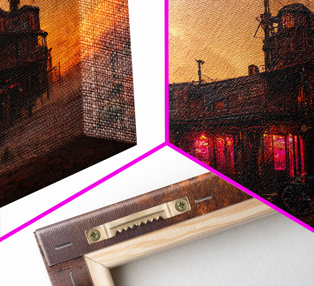 Dystopian steampunk wild west mashup, abandoned wild west saloon art, canvas print, ready to hang wall art