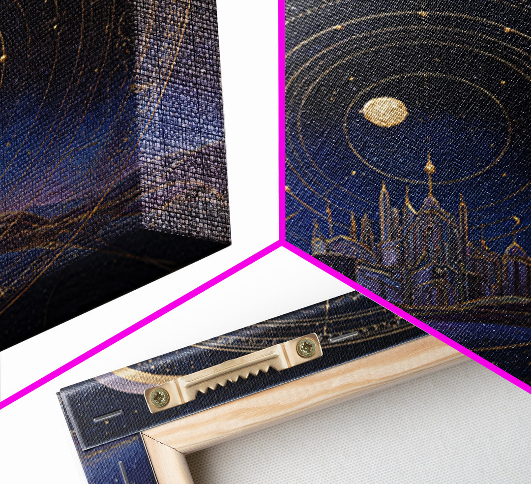 Night Skyline under Crescent Moon Framed Canvas Print, Urban Art, Digital Download Art, Living Room Decor, Abstract Art, Urban, URB-1x1-24