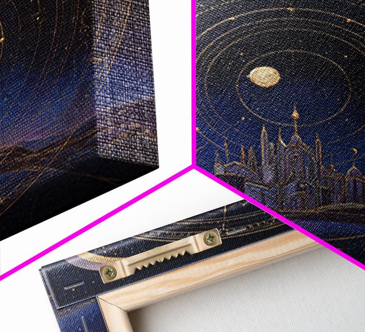 Night Skyline under Crescent Moon Framed Canvas Print, Urban Art, Digital Download Art, Living Room Decor, Abstract Art, Urban, URB-1x1-24