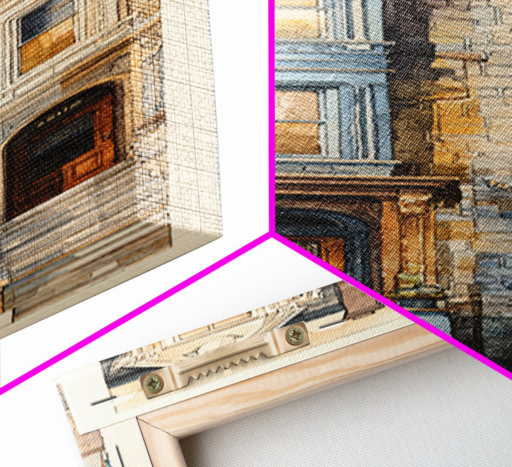 Brownstone Row in Soft Morning Light Framed Canvas Print, Urban Art, Art Print, Living Room Decor, Urban, Oil Painting, URB-1x3-24
