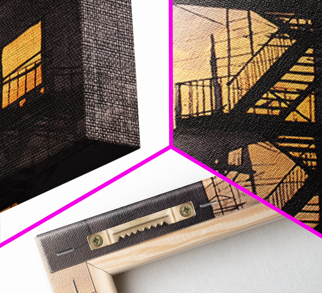 Fire Escape Silhouette Framed Canvas Print, Urban Art, Contemporary Art, Living Room Decor, Fine Art, Urban, Black Art, URB-2x3-34