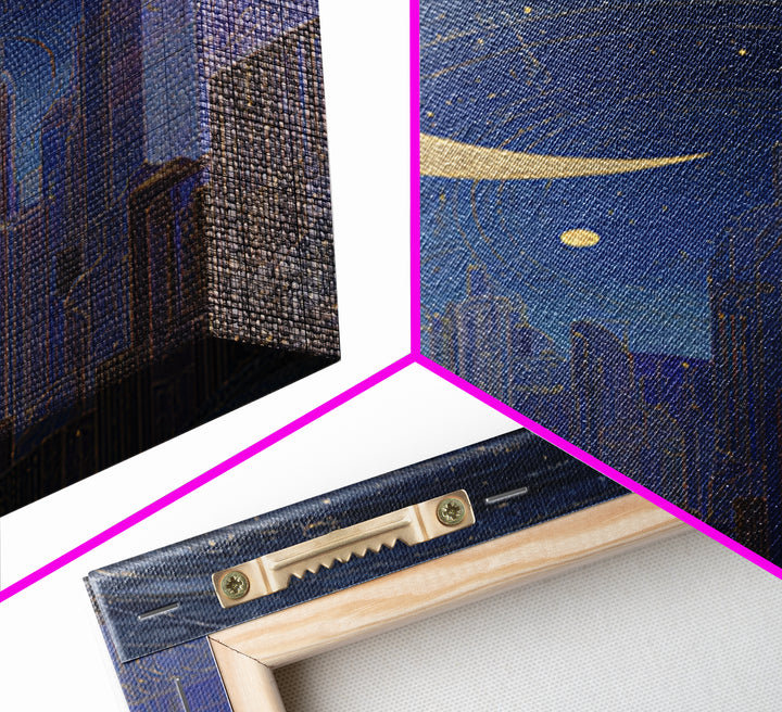 Night Skyline under Crescent Moon Framed Canvas Print, Urban Art, Neutral Decor, Living Room Decor, Fine Art, Urban, Wall Art, URB-2x3-56