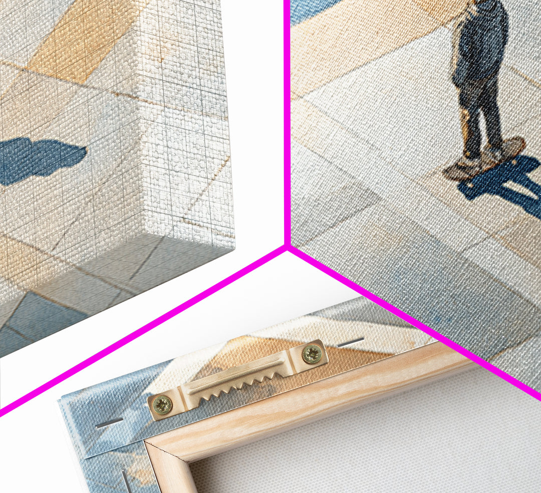 Skateboarder Crossing a Concrete Plaza Framed Canvas Print, Urban Art, Art Print, Living Room Decor, Oil Painting, Urban, URB-3x2-59
