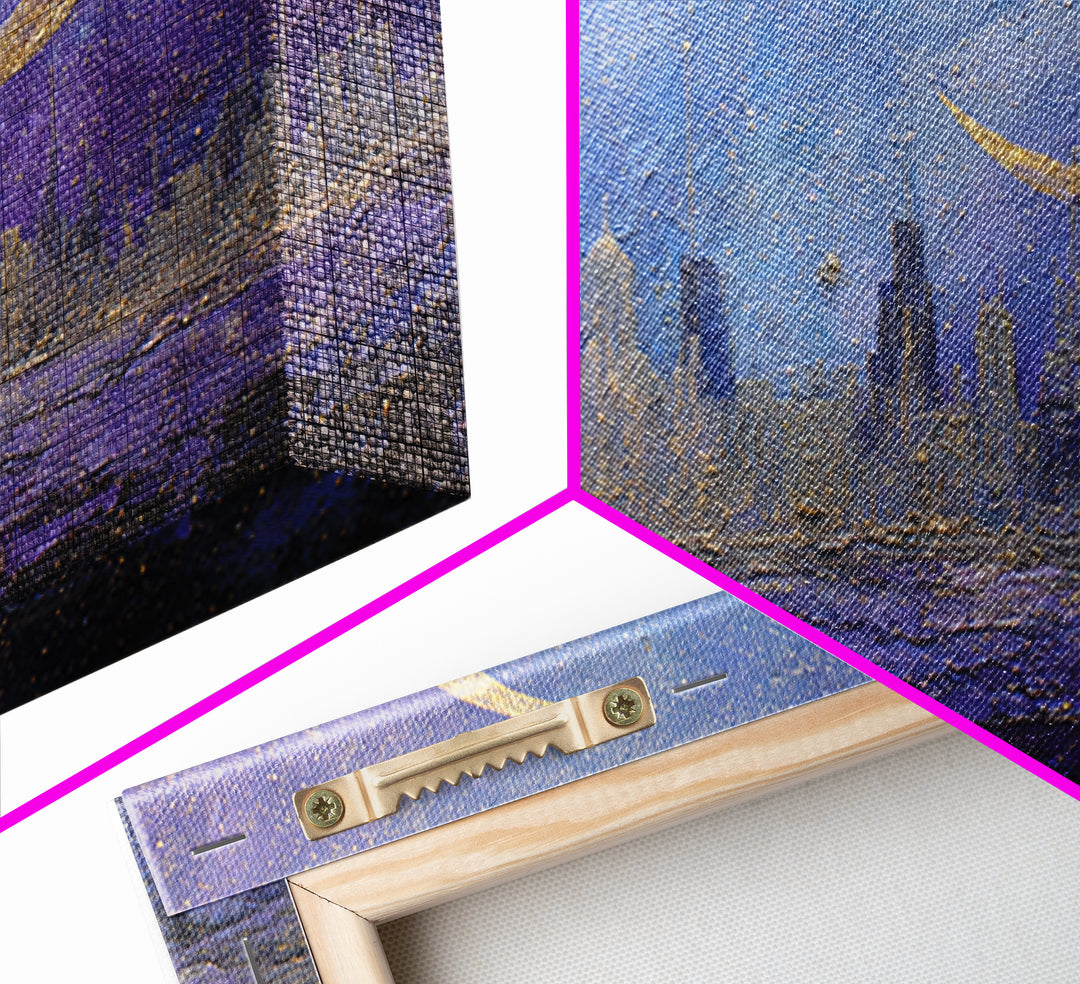 Night Skyline under Crescent Moon Canvas Print, Urban Art, Basketball Wall Art, Living Room Decor, Abstract Art, Urban, URB-3x2-76