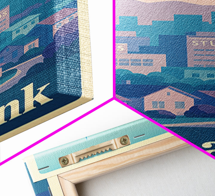 Burbank Travel Poster, Canvas Print, Vaporwave City Skyline Wall Art, Burbank Wall Art, City Illustration, Vintage Travel Art, City Poster