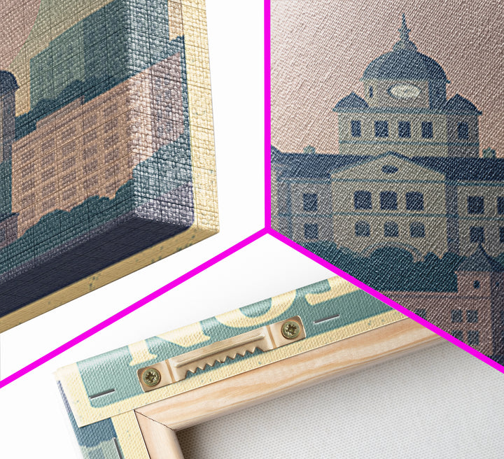 Denton Travel Poster, Framed Canvas Print, Vaporwave Skyline Wall Art, Denton Poster Print, Living Room Wall Art, Modern Wall Decor