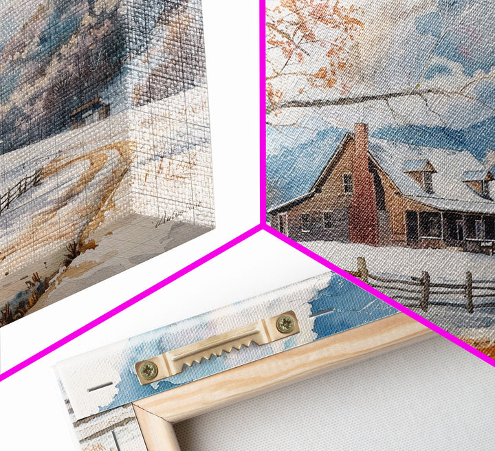 Painting Of A Farmhouse In The Winter, Cottagecore, Framed Canvas Print, Kitsch Home Decor, Western Country Art, Living Room Decor