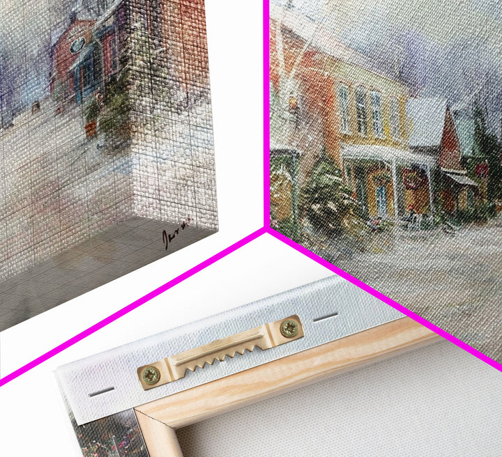 Small Town America At Christmas Time, Framed Canvas Print, Winter Scenary Wall Decor, Folk Art Framed Canvas, Metal Wall Art Living Room