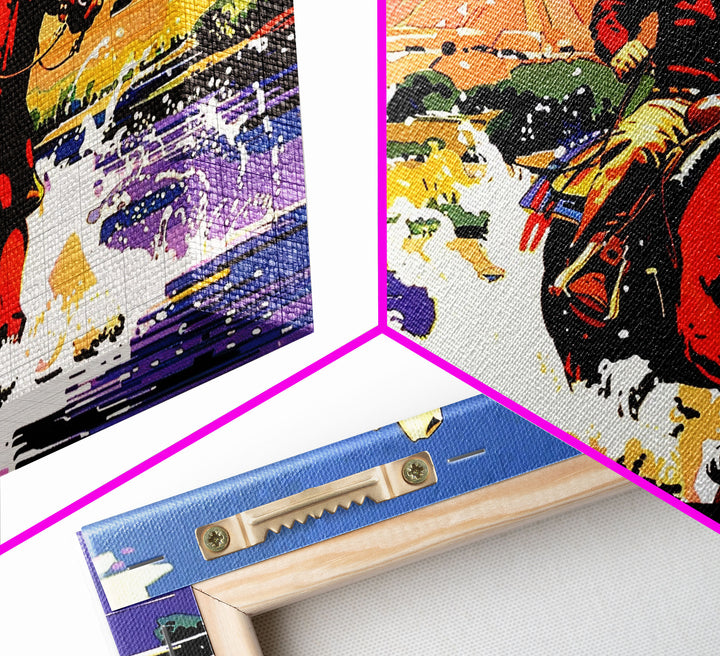 Crossing The Colorado River, Framed Canvas Print, Kitsch Western Wall Art, Colorful Western Painting Original Artwork, Pop Art Painting