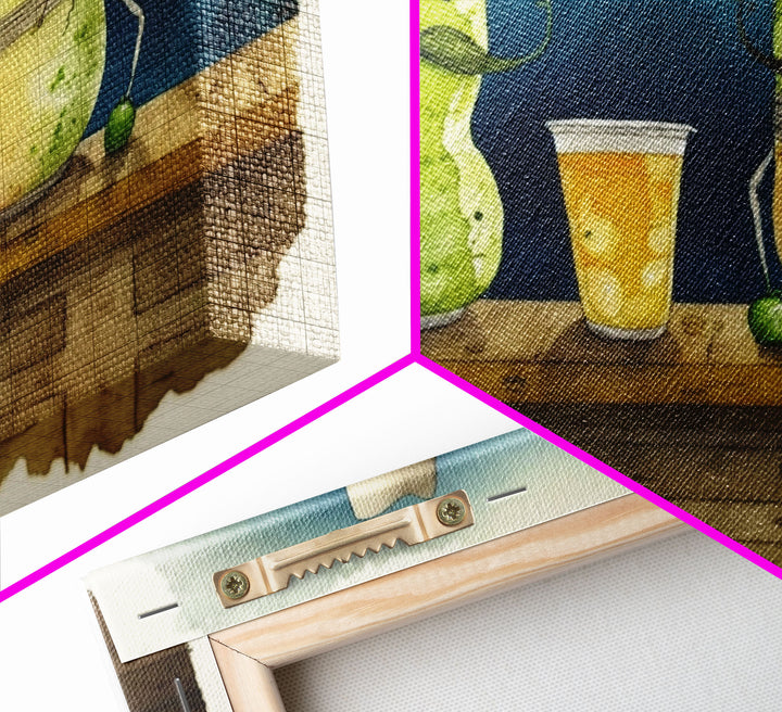 Funny Pickles In A Bar, Watercolor Painting Print, Framed Wall Art, Funny Decor, Kitsch Art, Framed Canvas Pickle Art