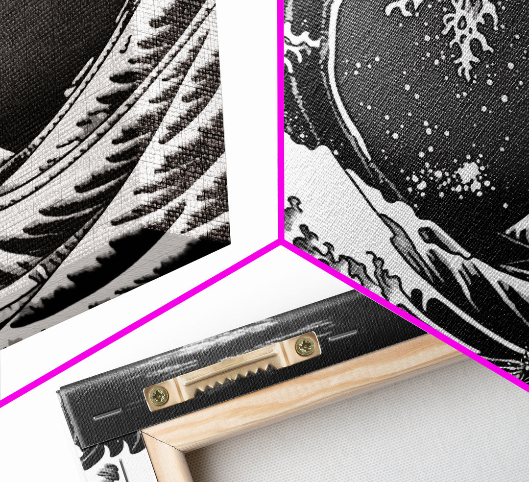 Black and White Wave Canvas Print, Hokusai Inspired Wall Art, Woodblock Print Style, Wall Art, Vintage Style Wall Art